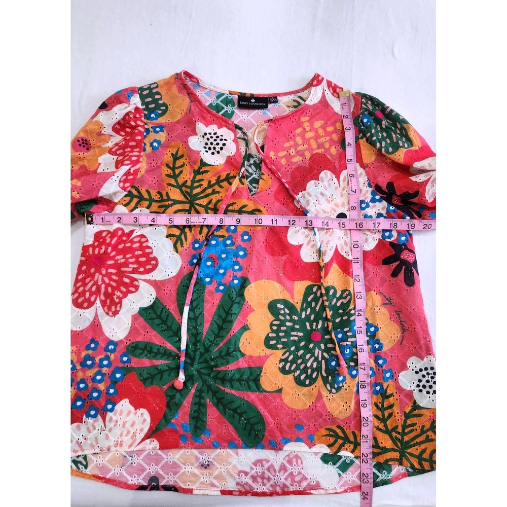 Emily‎ Lovelock Shirley Blouse Pink Floral Eyelet Puff Sleeve Top Small - Picture 6 of 6